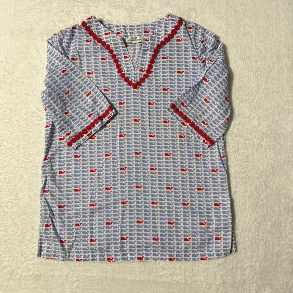Vineyard Vines Tunic Top Kids XS 5-6 Blue White Whale Print Red Pom-Pom Trim